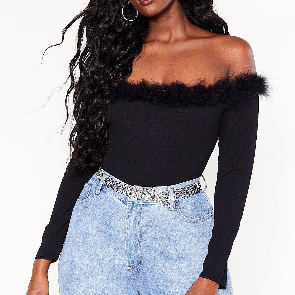 Nasty Gal off shoulder bodysuit with feather trim